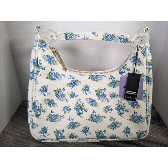 House Of Want Newbie Hobo Shoulder Bag White Blue Floral Vegan Leather NWT - Picture 2 of 12